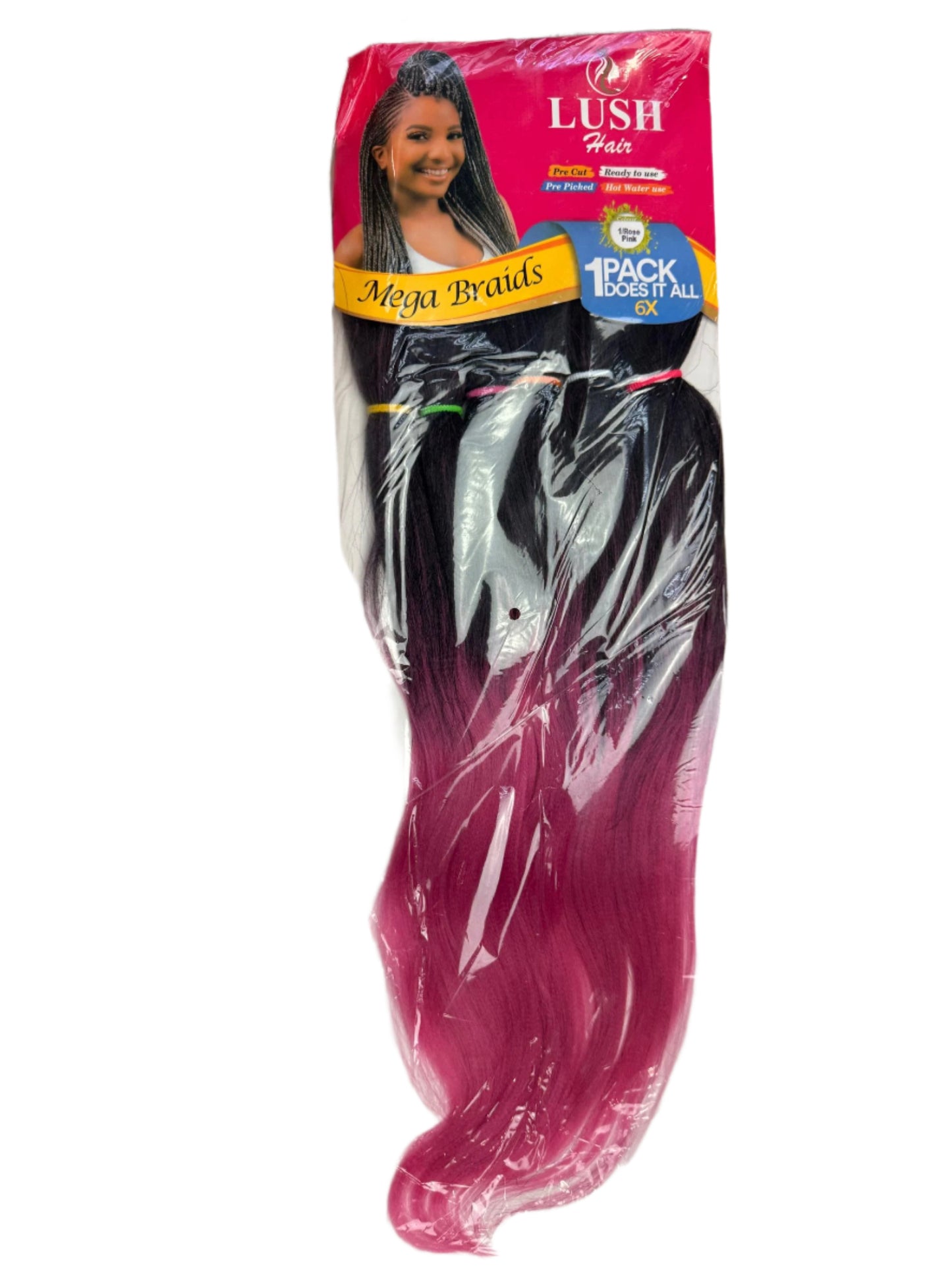Packaged hair extensions with Lush Hair branding on a textured surface